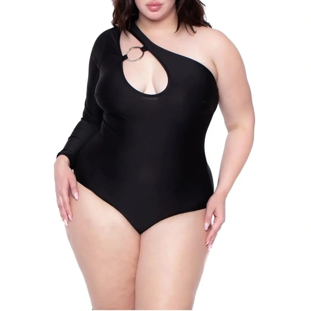 Curvy Sense Malia Cut-Out Bodysuit Onesie Black v6x